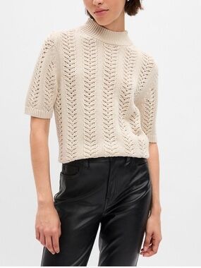 GAP cream short sleeve pointelle mockneck knit sweater size XS minimalist